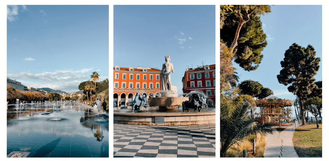 Collage of photos of the place Massena in Nice including the reflecting pool, the fountain and the carousel 