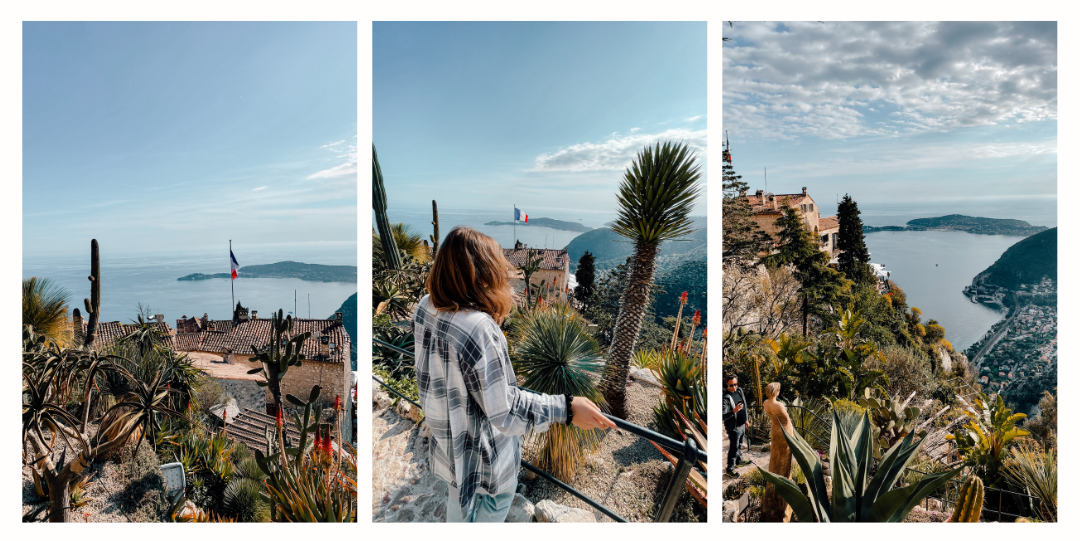 A girl admiring the view overlooking the French Riviera from the Jardin Exotique in Eze on top of a hill 