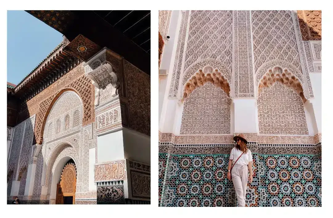 2 photos of the intricate details in the Ben Youssef Medersa, including the coloring tiling and detailed carvings 