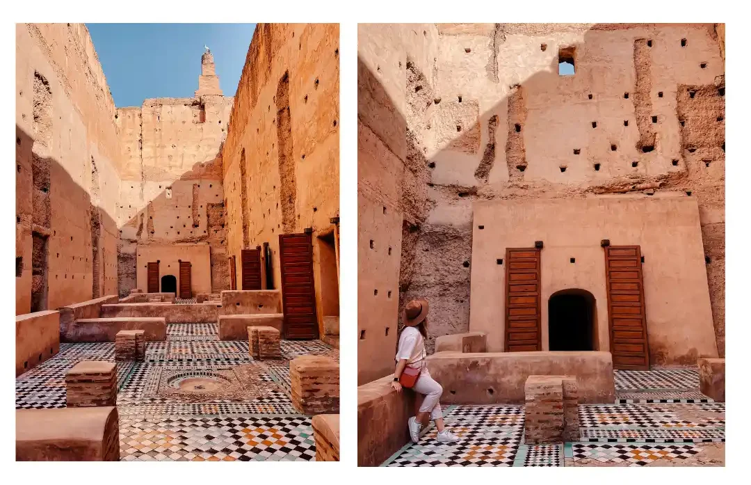 Photos of the ruins of El Badi Palace showcasing the detailed tiling and ancient walls and red buildings 