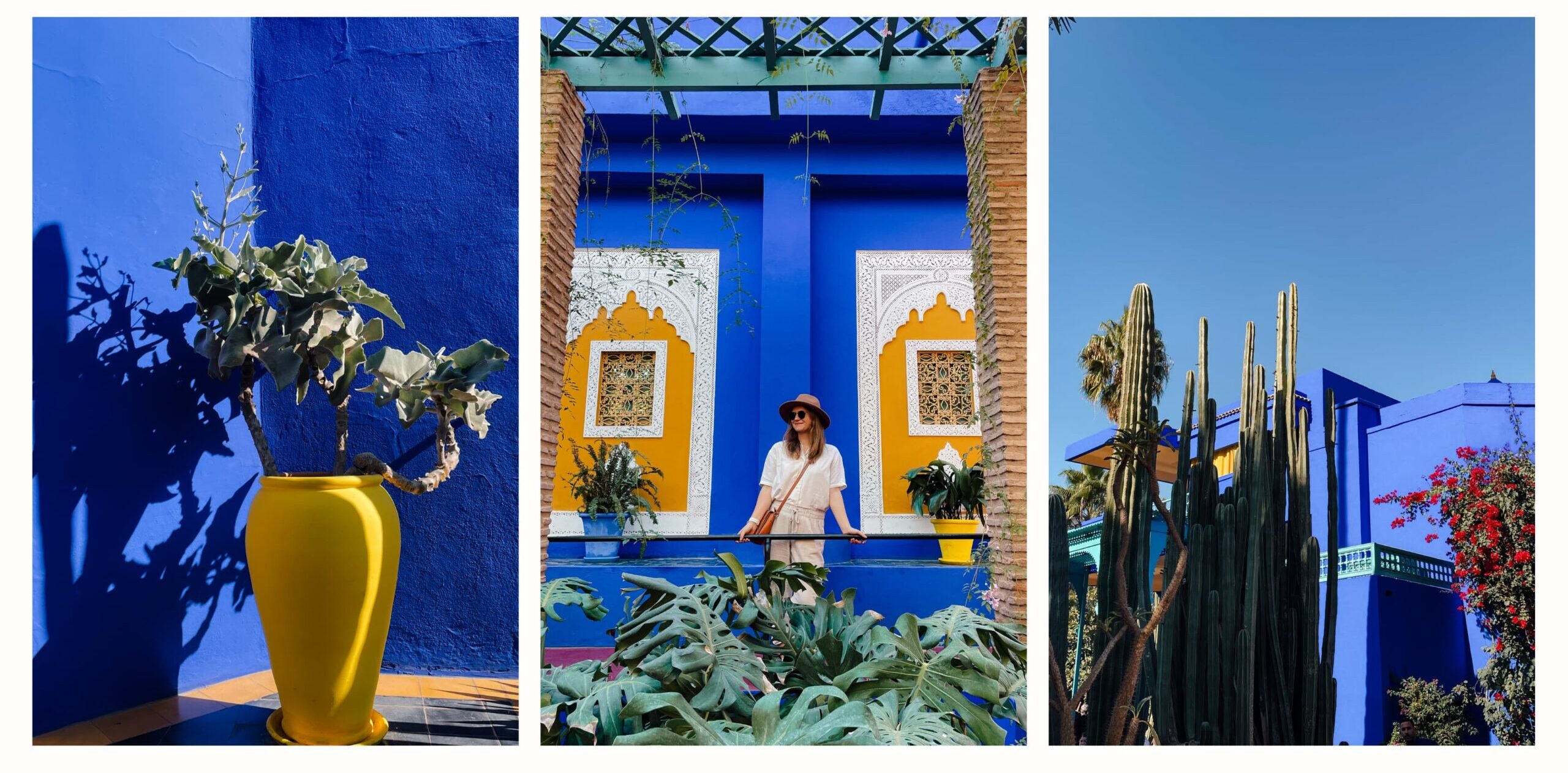 3 photos of the Jardin Majorelle in Marrakech highlighting the deep majorelle blue, the beautiful villa and the exotic plants 