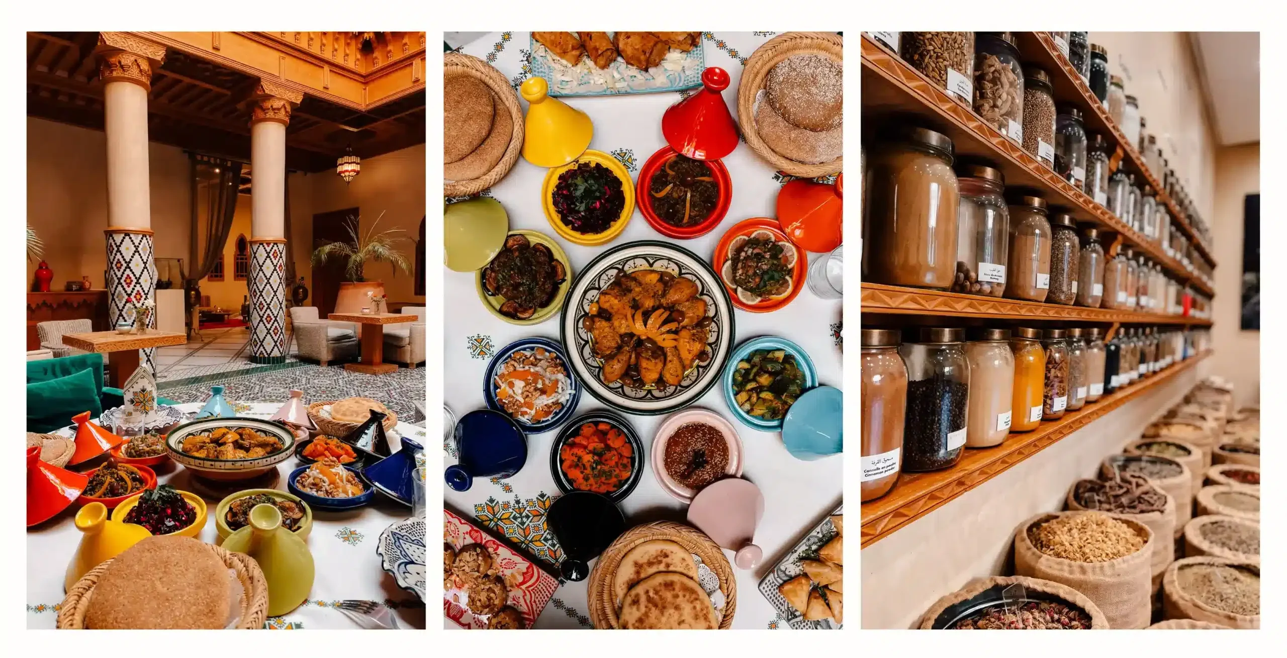 A beautifully and colorful decorated table with several dishes of traditional Moroccan foods