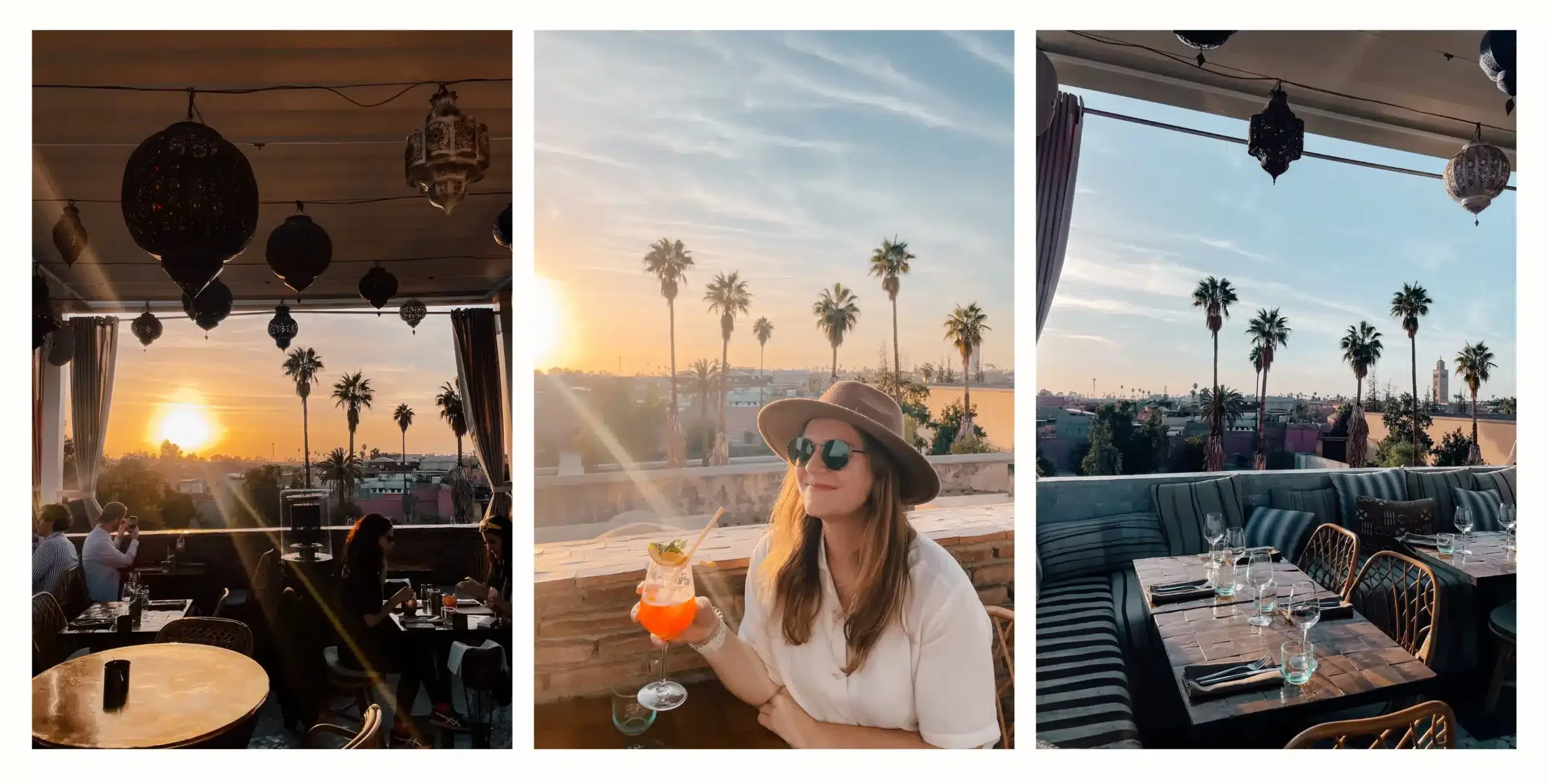 3 photos of a Marrakech rooftop at sunset - one where the sunlight is streaming into the terrace, one where a girl is holding her drink with tall trees behind her and one showing the cozy couches and decor inside this iconic rooftop terrace