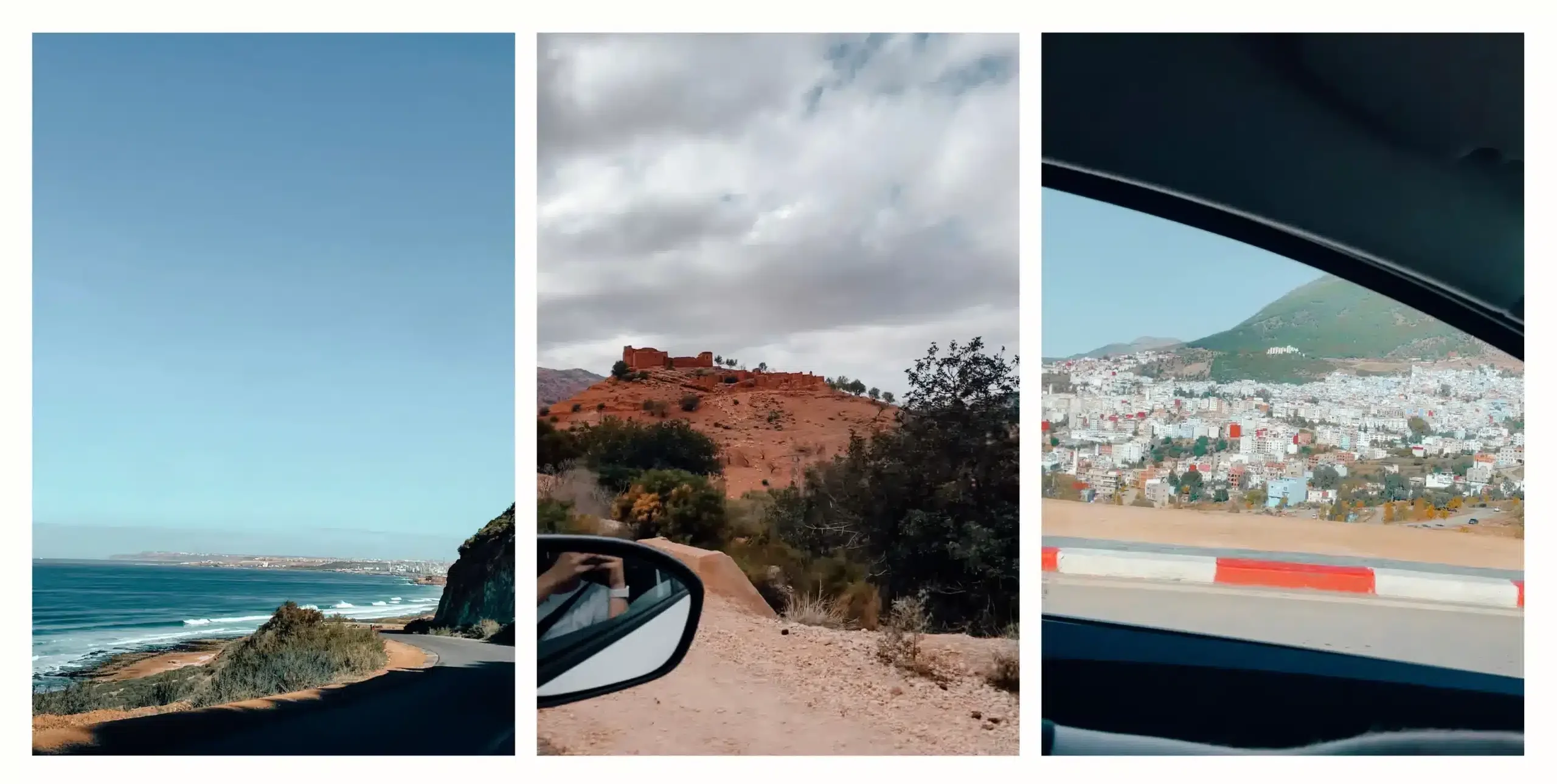 3 long winding roads in Morocco including one along the coast, in the mountains and leading up to a city 