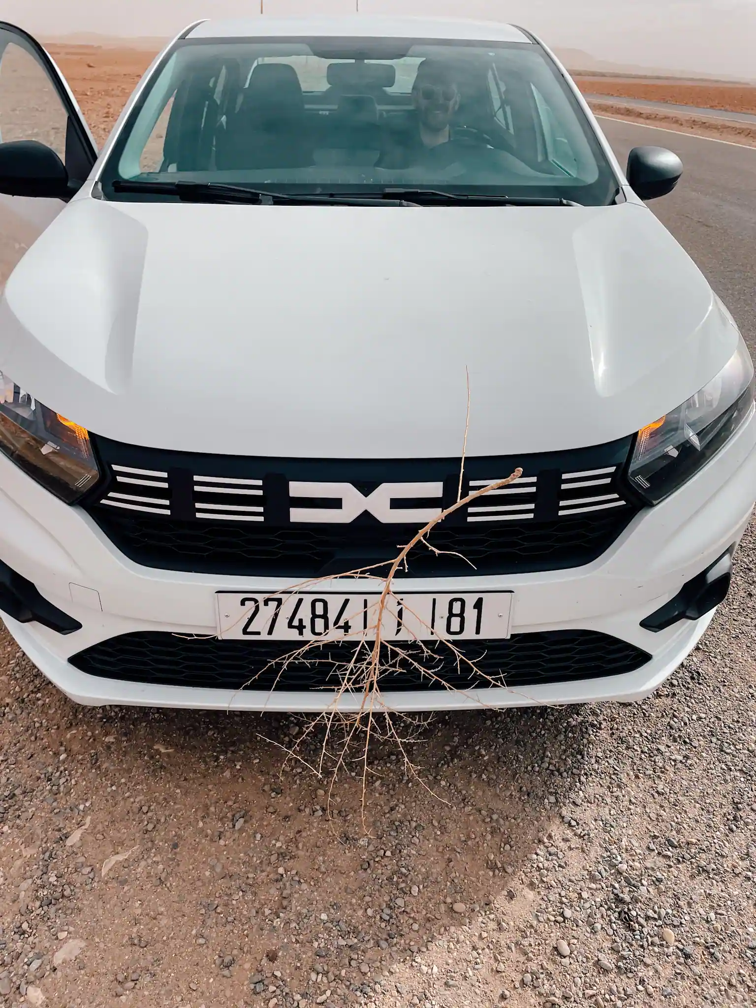 A Dacia car rental on the side of the road in Morocco with a branch stuck to the front of the car