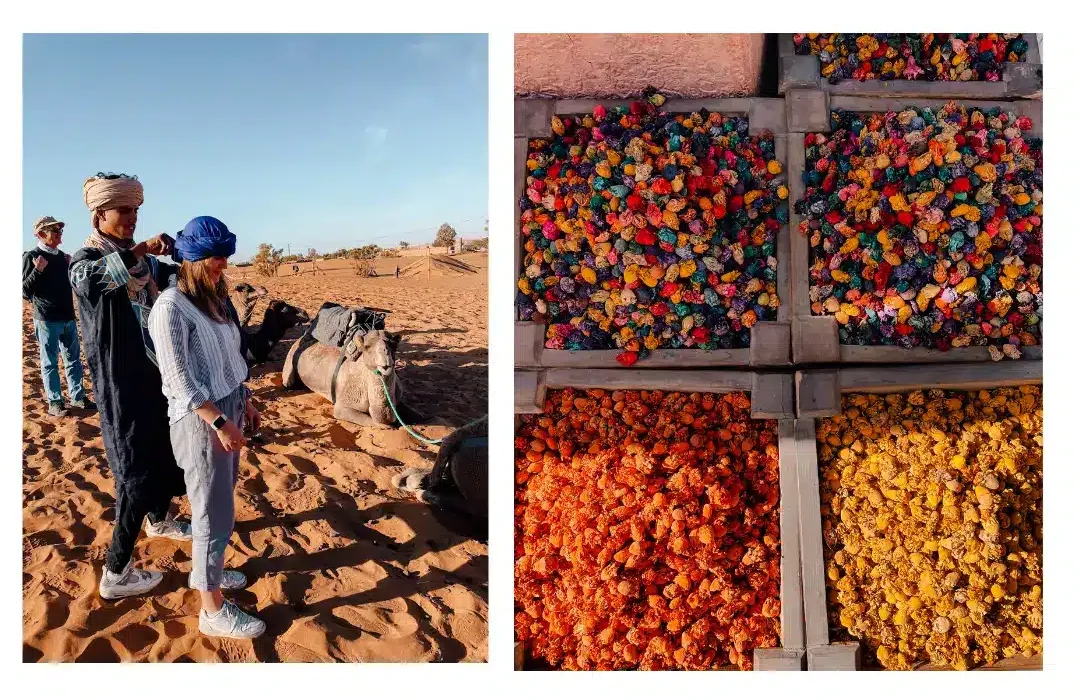 Left: a girl getting her head wrapped in a traditional scarf in the desert of Morocco Right: boxes of Moroccan spices 