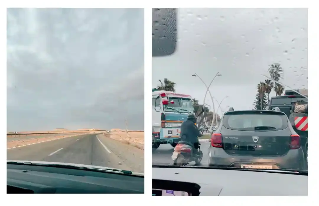 Photos showing the diverse driving conditions in Morocco - one of an empty highway and one of a crowded roundabout 