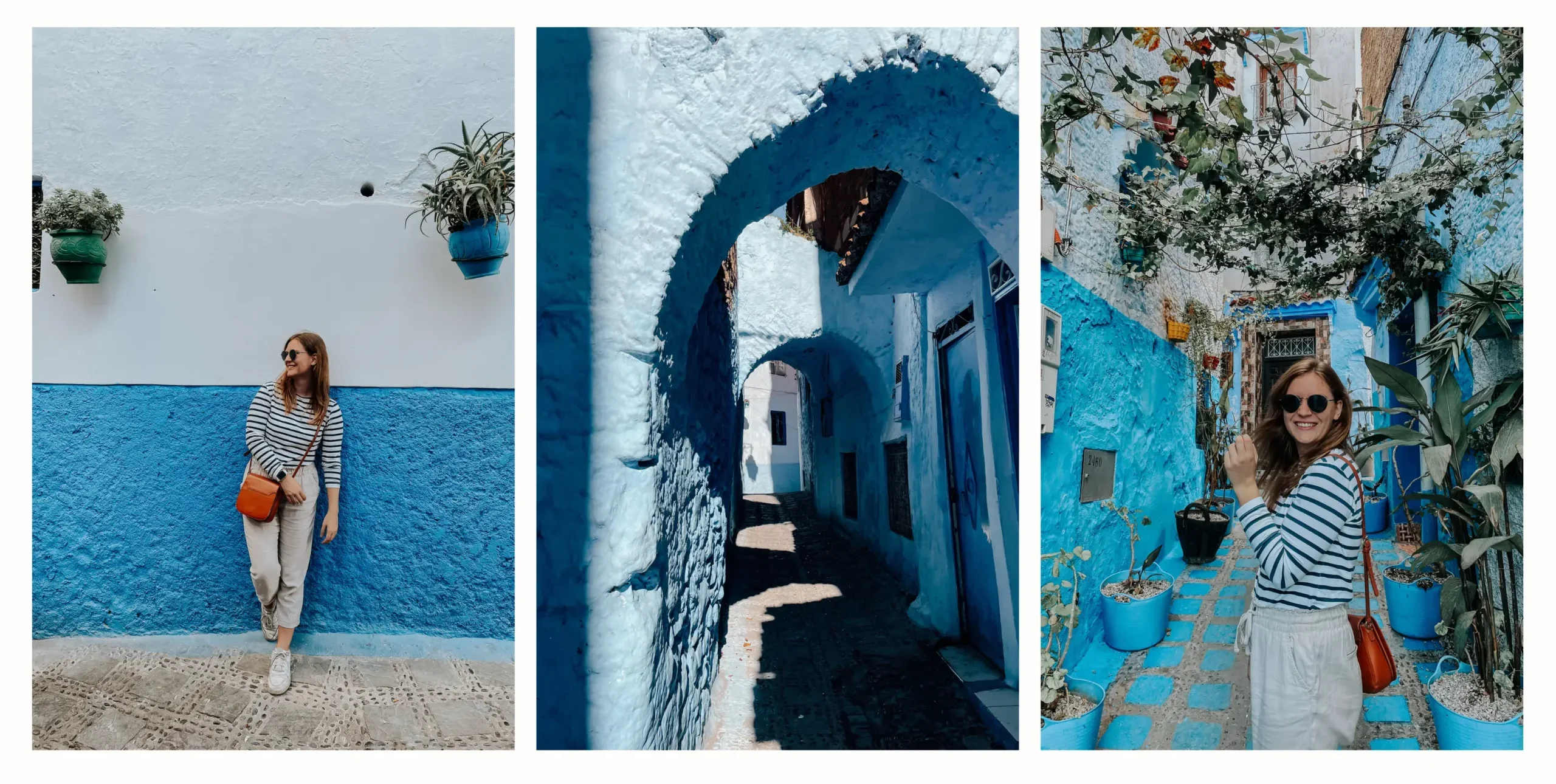 A girl exploring the blue streets of Chefchaouen. One of her standing against a blue wall with hanging plants, one of an alley way framed by blue arches and one of her standing in a street with hanging plants surrounding her 