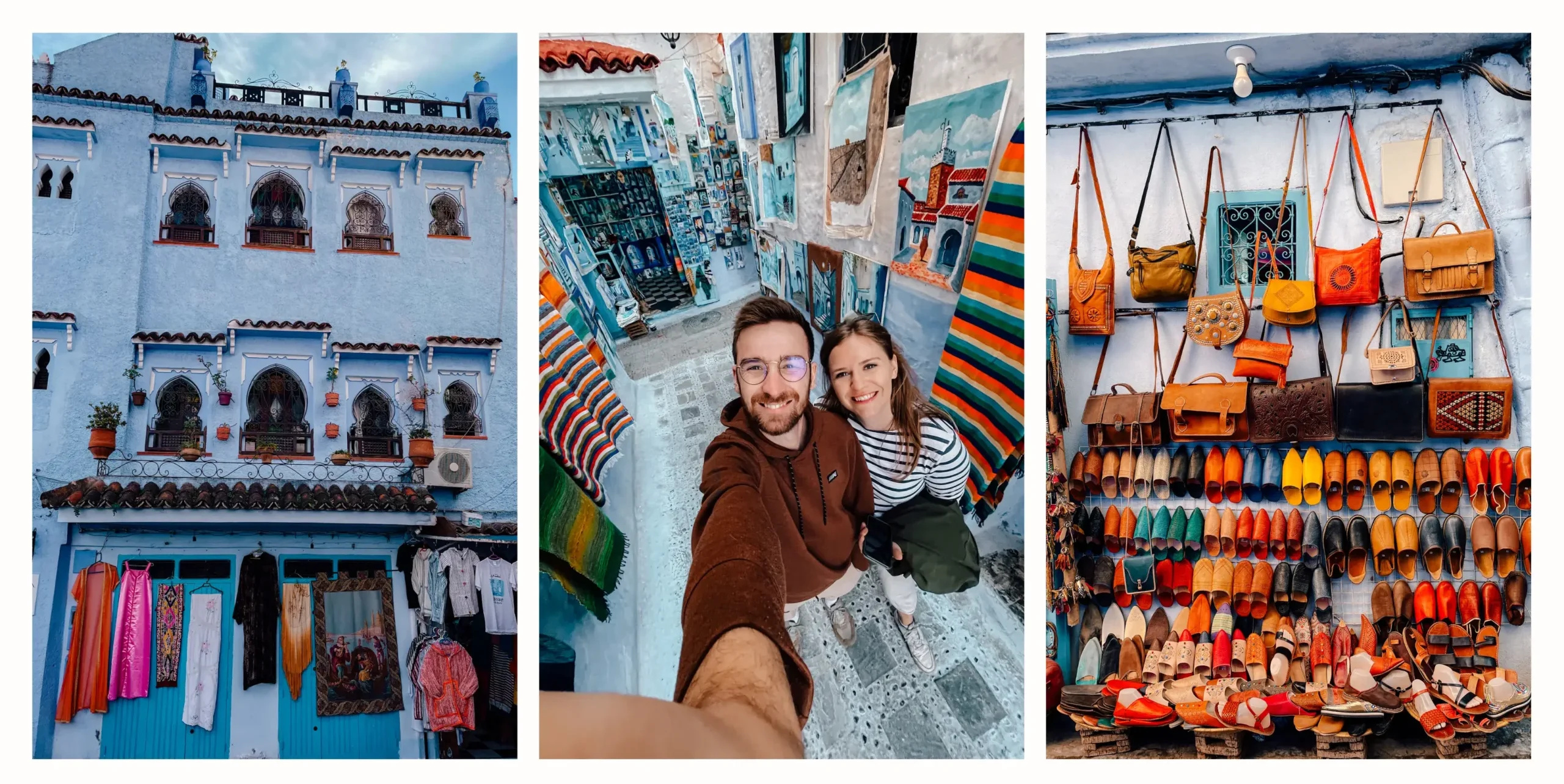 3 photos of what its like shopping in Chefchaouen including photos of handmade goods hanging on store walls including leather bags, carpets and clothing