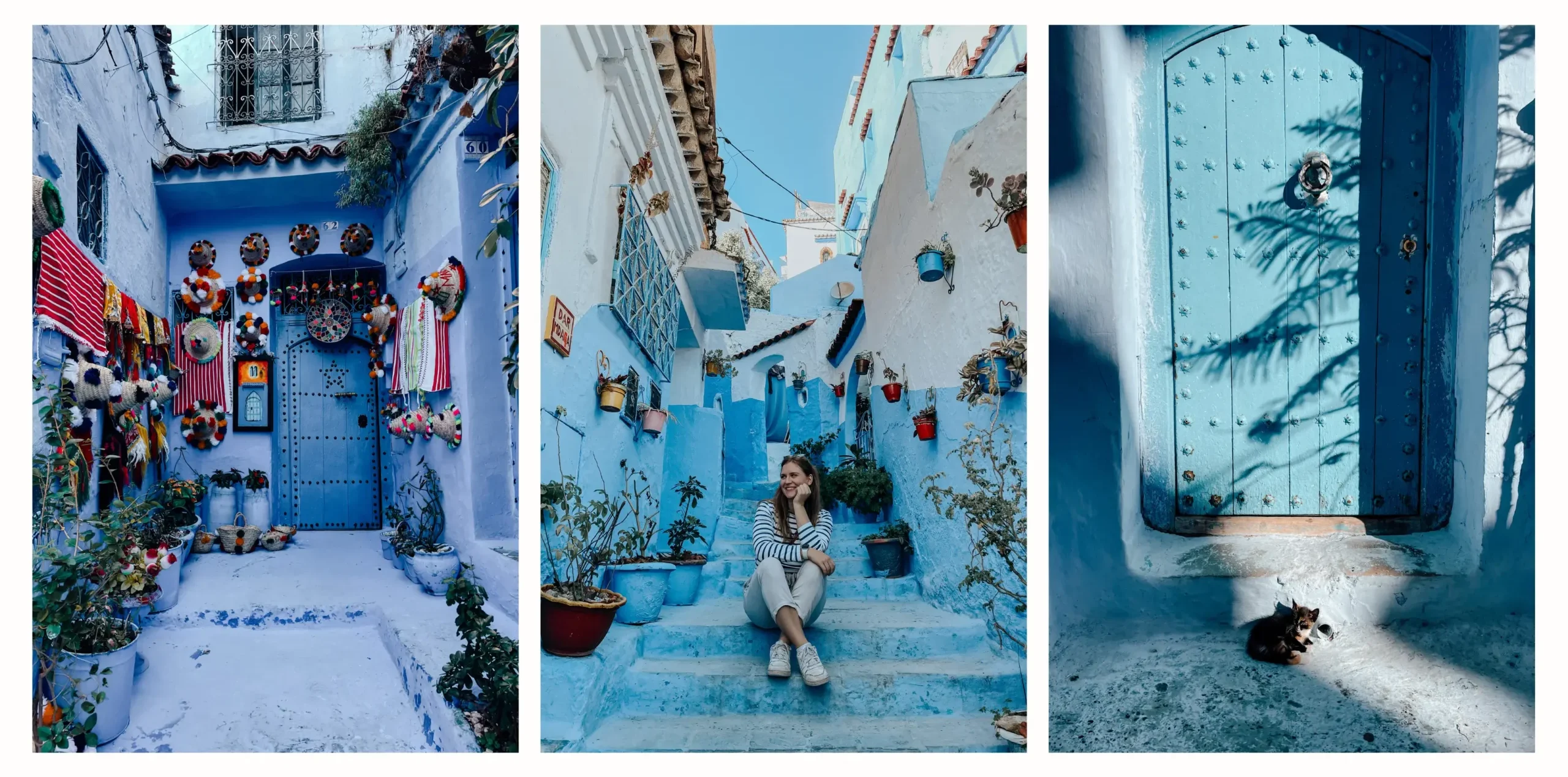 Photos of the blue streets of Chefchaouen including decorated buildings, a cat sitting in the sun and a girl posing on stairs with plants around her 