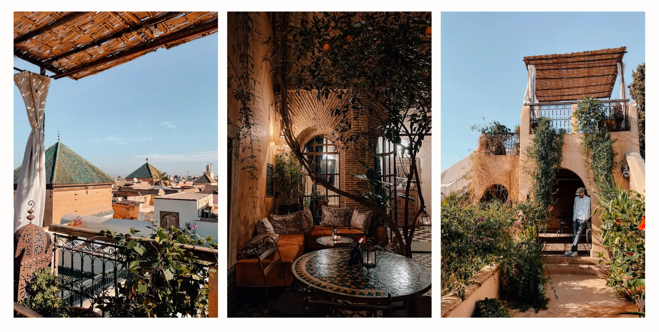 The view of Marrakech from the top of a riad roof. The central courtyard at night dimly lit and the rooftop featuring the many plants. 