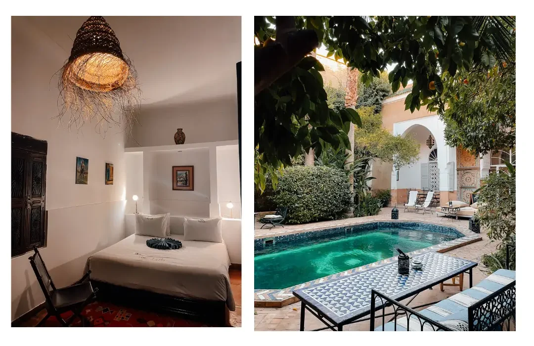 Left: a photo of the interior of a riad room with a boho lampshade and a crisply fitted bed right: a pool sits in a lush courtyard with plants, trees and lounge chairs surrounding it 