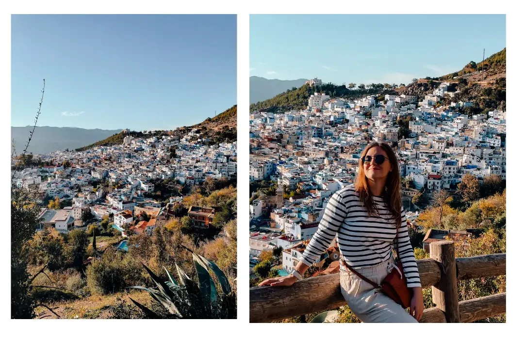 Views overlooking Chefchaouen at sunset, including one of a girl posing with the city behind her 