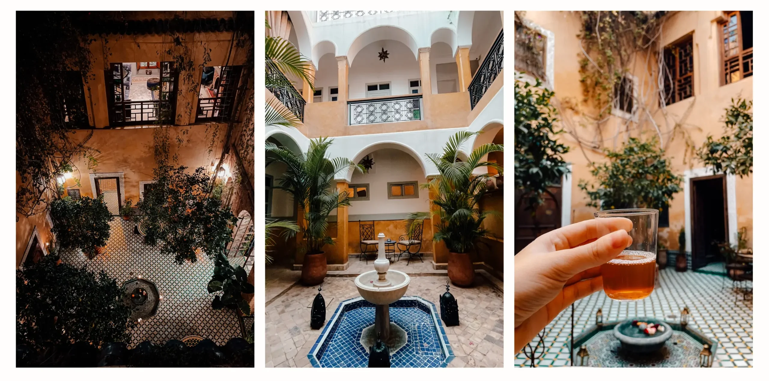 Photos from different riad interiors in Morocco featuring central fountains, traditional team and hanging plants 