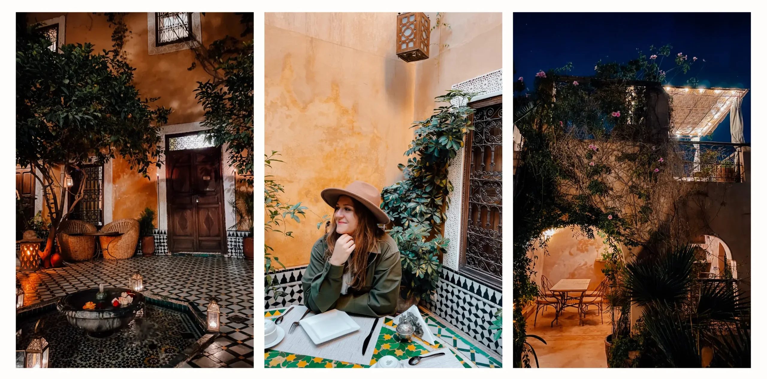 Several photos of a riad in Marrakech showcasing the central courtyard, a girl sitting at a dining table with decor behind her and the rooftop during night covered in plants and twinkle lights