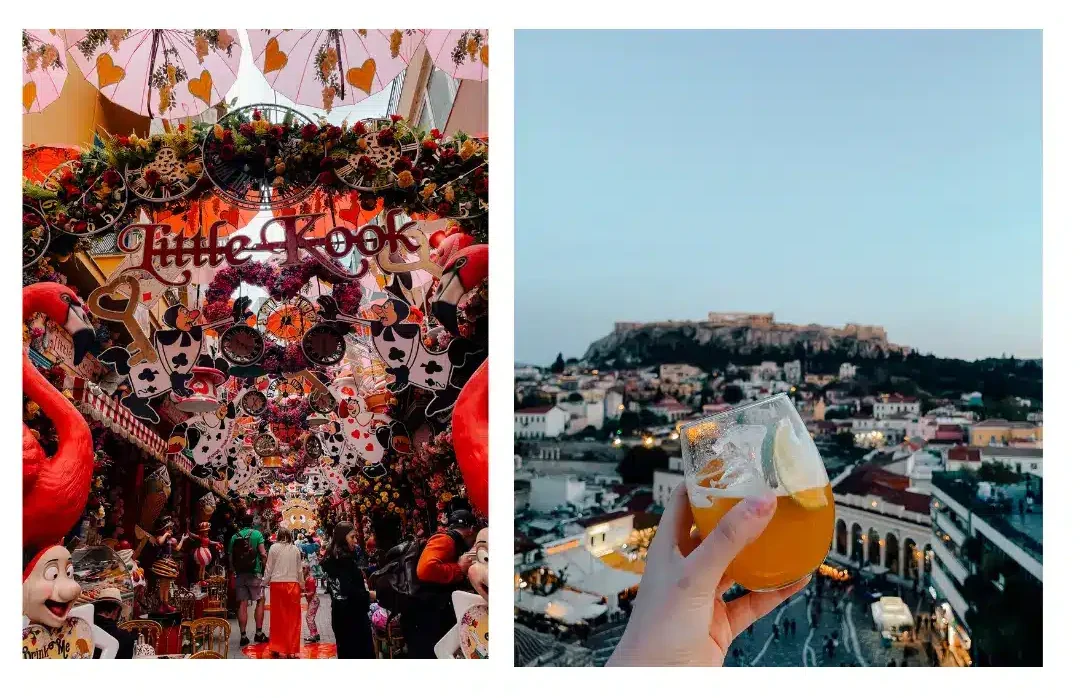 2 Athens food experiences including a visit to Little Kook, with its vivdely detailed decorations hanging over a street, and a drink on an Athens rooftop, someone holds their cocktail in front of the camera with the acropolis sitting in the distance