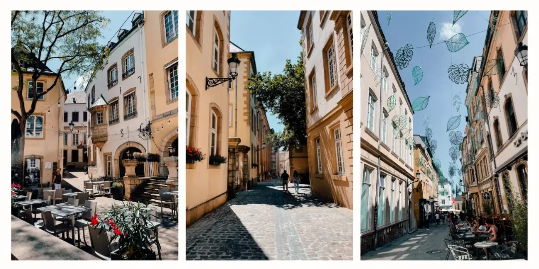Beautiful, clean streets of Luxembourg's Upper City with its warm coloured buildings and beautiful street decorations