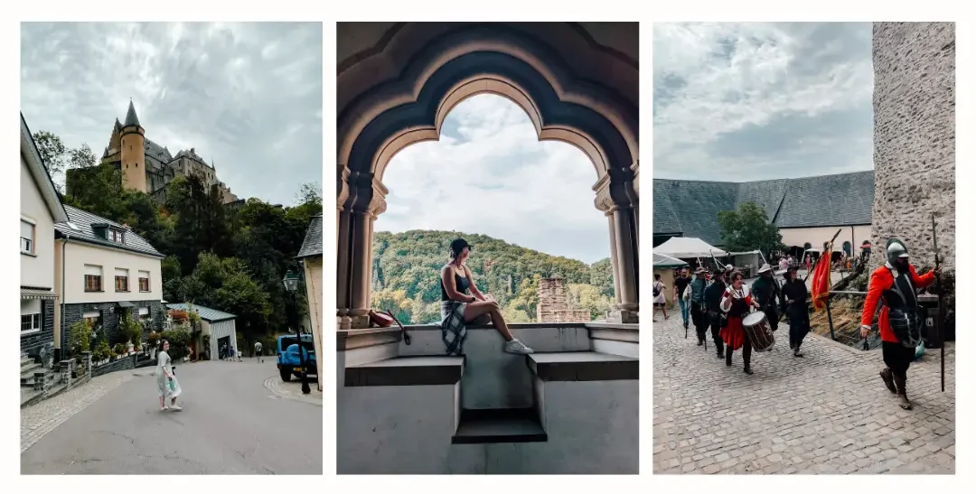 A photo of the view of the Vianden castle from the town, a photo of the view from the Vianden castle and a photo of a medieval parade from the castle