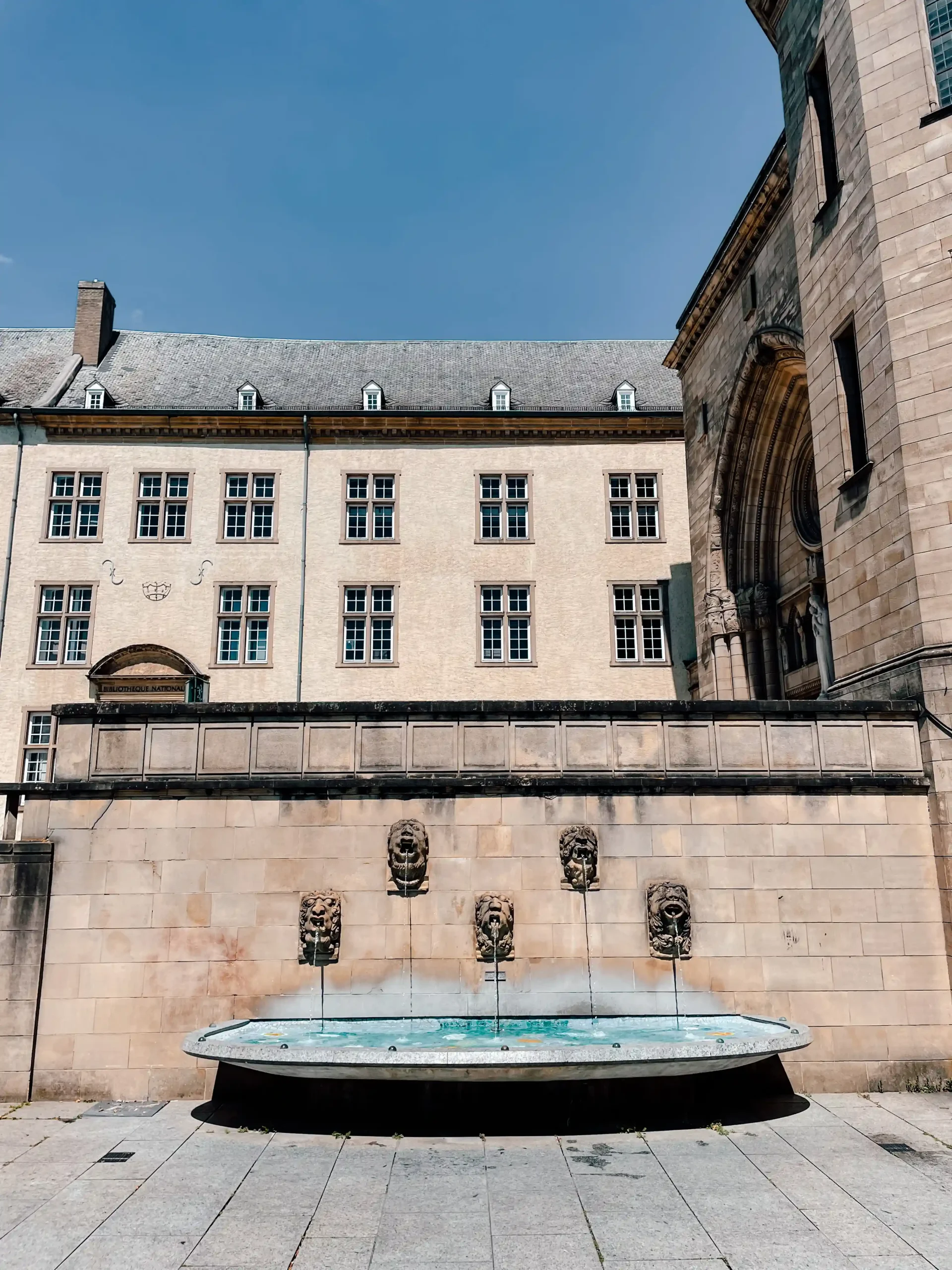 Stone figures with water pouring out of their mouths into a fountain - located on the side of the wall of the Luxembourg cathedral - Notre Dame