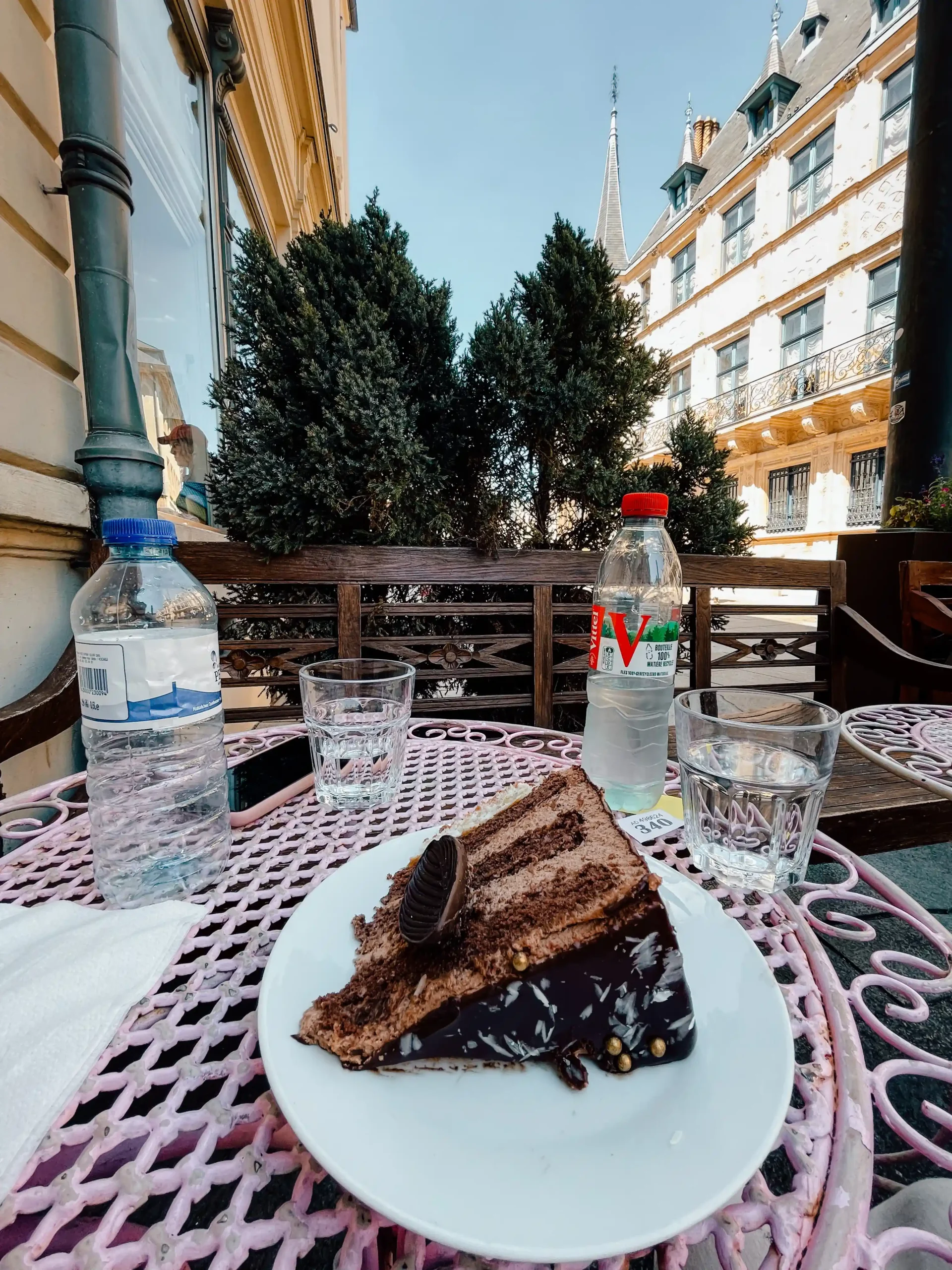 A slice of layered chocolate cake from the Chocolate House in Luxembourg