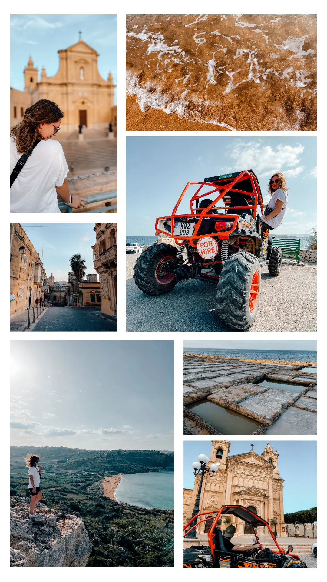 A collage of photos of the highlights of Gozo including red beaches, historic buildings, a girl sitting in a buggy cart ready to explore the island, the salt flats and a girl standing on a rocky edge overlooking a lush bay