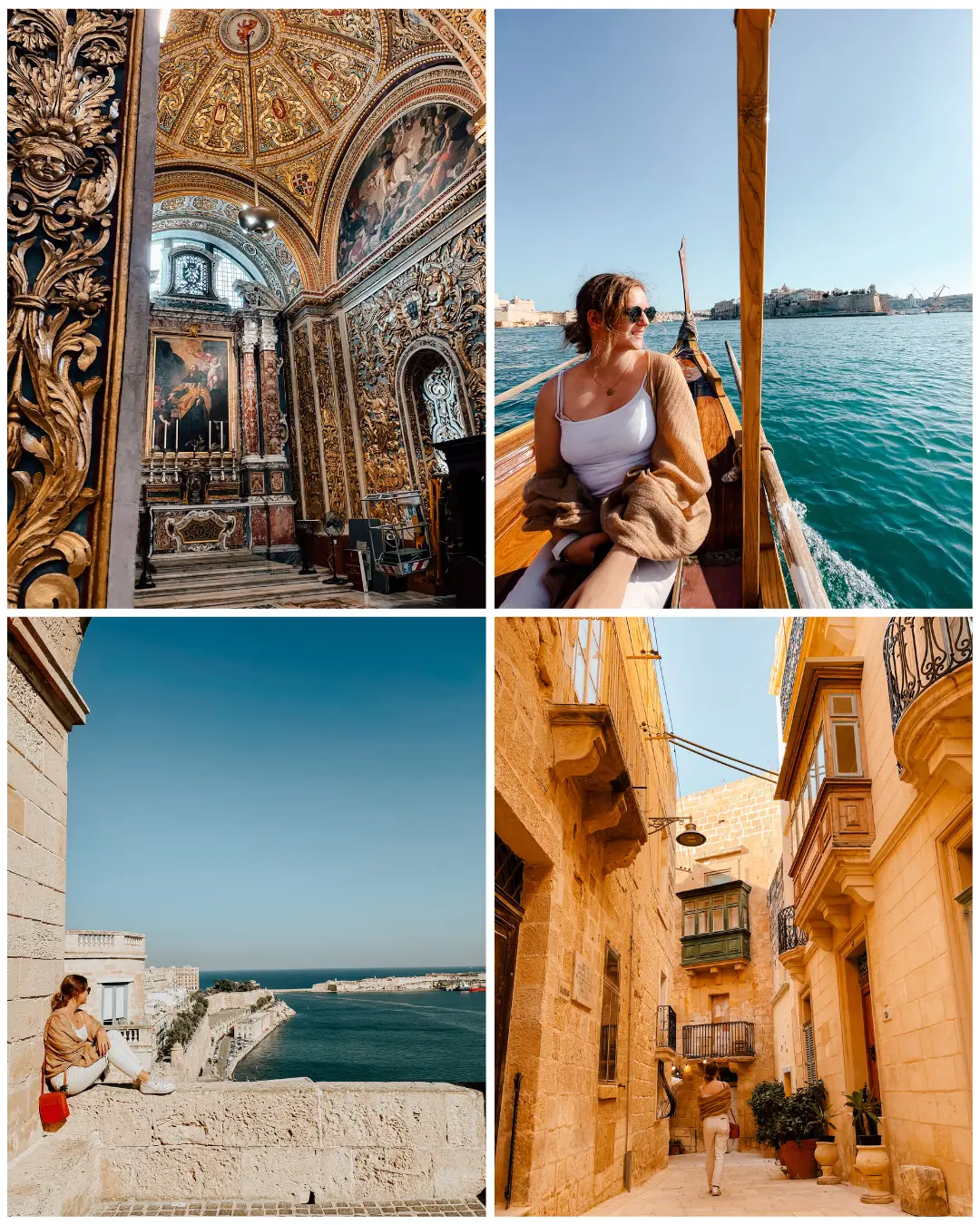 Collage of favourite sights in Valetta, including the traditional boat ride to Birgu - a girl sits looking out over the water with the city behind her, inside St. John's Co-Cathedral looking up at its gold ceiling and detailed walls, and the Upper Gardens - a girl sits on the garden wall looking over the bay