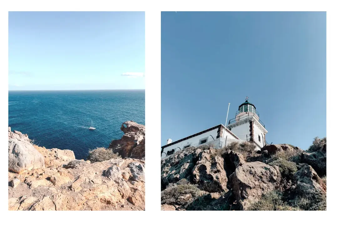 The lighthouse of Santorini sitting on a cliff overlooking the beautiful blue water and white sail boats 