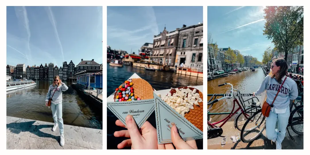 Left: A girl standing in front of the Damrak on a bring sunny day with the iconic buildings behind her Middle: 2 people holding decorated stroopwafels with the canals in the background Right: a girl standing next to a bike on a bridge over a canal in Amsterdam