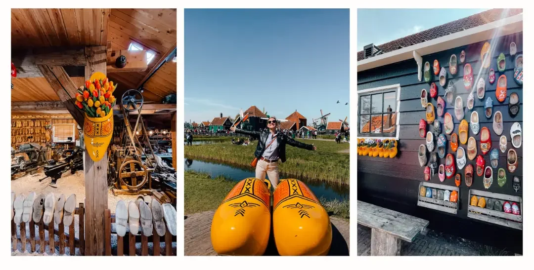 A girl visiting the clog museum in Zaans Schans including the decorated store front covered in colorful clogs, the giant pair of clogs and inside the clog workshop. 