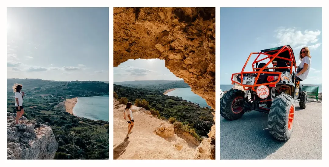 Photos of a girl overlooking a beautiful bay on the island of Gozo from standing over a cliff and from inside a cave. The same girl also sites in a quad bike, the same one she used to explore the island 