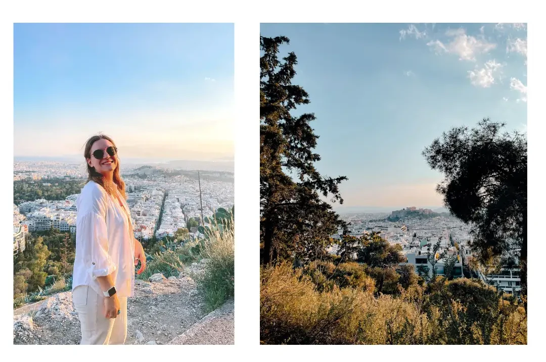 A girl stands on one of the hills in Athens overlooking the city during sunset. In the distance you can see the Acropolis in the horizon.