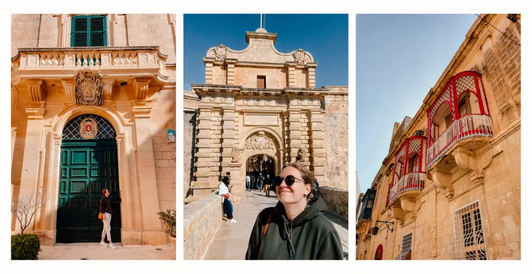 A collage of photos of a girl exploring the streets of Mdina, including a photo of the iconic gates, the colourful balconies and the beautiful architecture