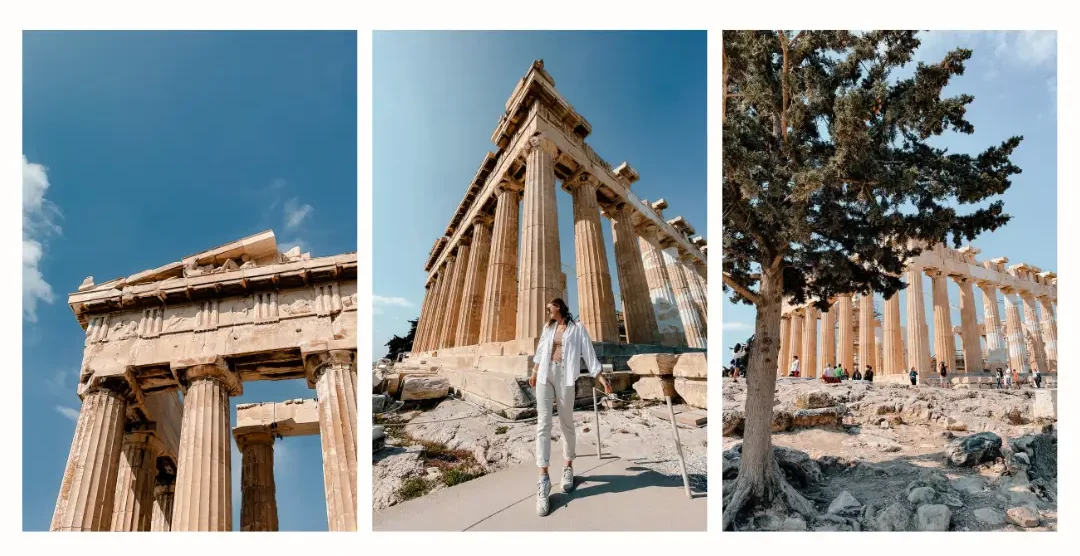 A collage of photos of a girl exploring the Acropolis. One photo shows the profile of the Acropolis against the blue sky. Another shows the girl standing in front of the Parthenon and the last photo shows a tree standing in front of the Parthenon.