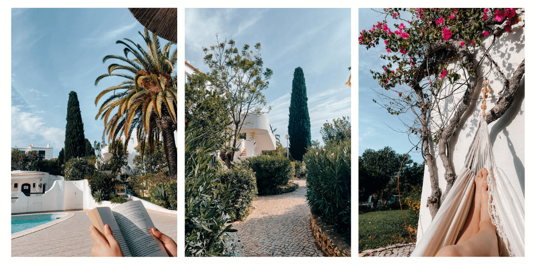 A collage of photos of the beautiful Airbnb property from our stay in the Algarve including someone relaxing in a hammock and another person reading a book by the pool