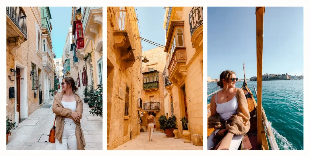 Photos of a girl walking the empty streets of Birgu with the colorful balconies above her head and a photo of her taking the traditional Maltese water taxi 