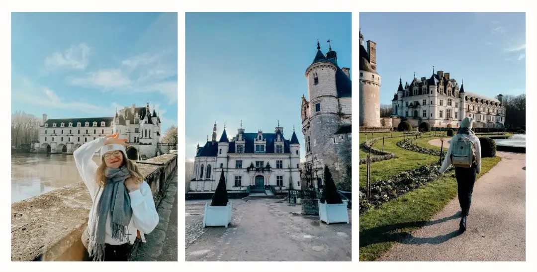 A girl standing in front of the beautiful white castle of Chateau Chenonceau on a clear sunny day