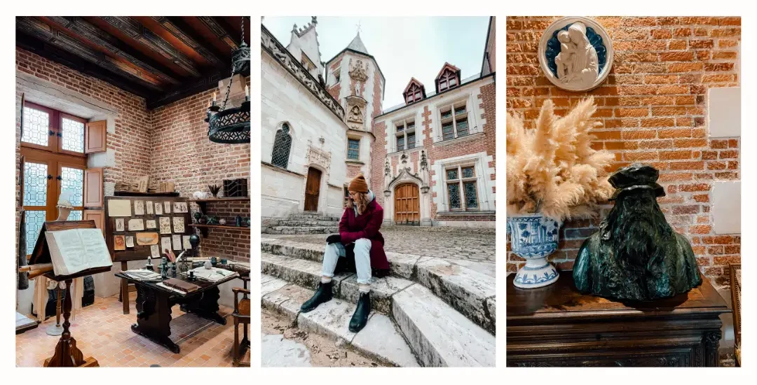 A collage of photos of the Chateau Clos Lucé in the Loire Valley, showing some of Leonardo da Vinci's work