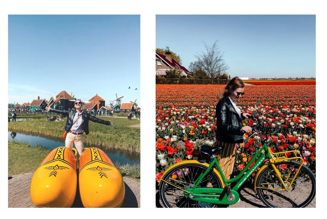 2 photos of a girl exploring the Dutch countryside. One of her holding a bike in front of colorful tulip fields another of her standing in giant clogs with traditional homes and windmills in the background