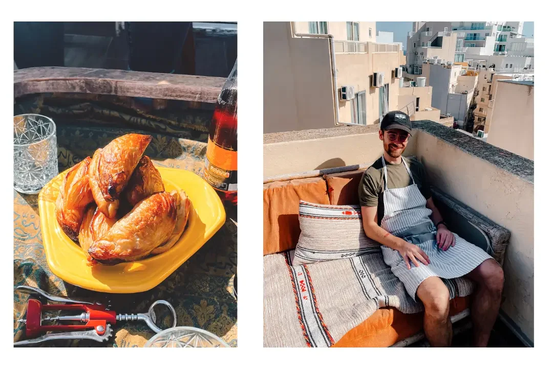 One photo shows a pile of Pastizzi freshly made from a Maltese cooking class and the other shows a man smiling sitting on a balcony in Valletta wearing an apron 