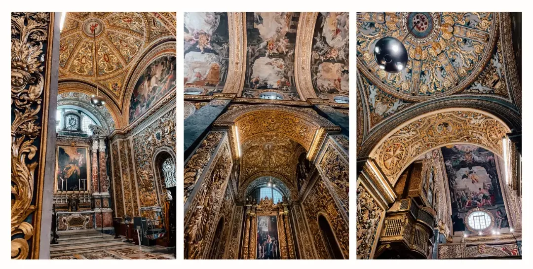 A collage of photos of inside the St. Johns co Cathedral in Valletta, showing the beautiful gold, details ceilings and arches