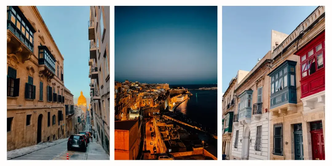 Photos of the beautiful streets of Valletta, both at night, at sunset and during the day 