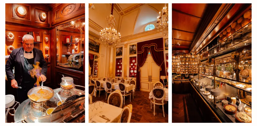 (left) a cook in the process of cooking a crepe (centre) a luxurious dining room equipped with chandeliers and red velvet decorations (right) rows and rows of cheese from the largest collection of cheese in a restaurant in the world 