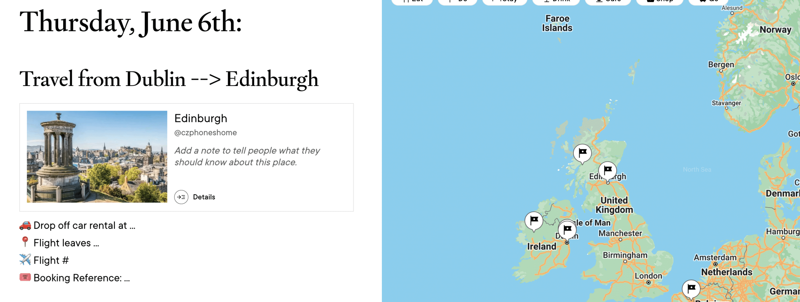 Screenshot of the beginning of an itinerary outline including a map on the right hand side with destinations flagged and notes of booking information for these travellers