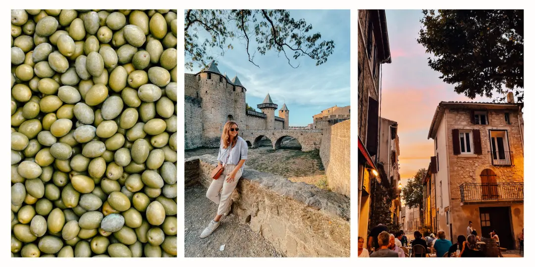 (left) a vat of green olives (middle) a girl sitting on a ledge with the medieval castle of Carcassonne in the background (right) a small typical french villages at sunset