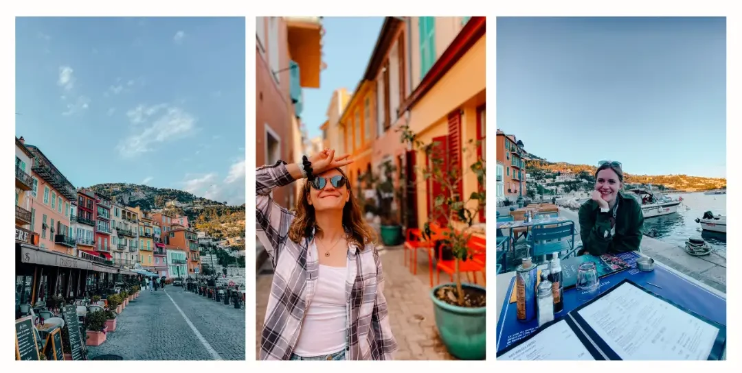 Left: the colourful streets of Villefranche-sur-Mer Middle: a girl smiling with bright yellow buildings behind her Right: a girl sitting at a restaurant with the harbour behind her