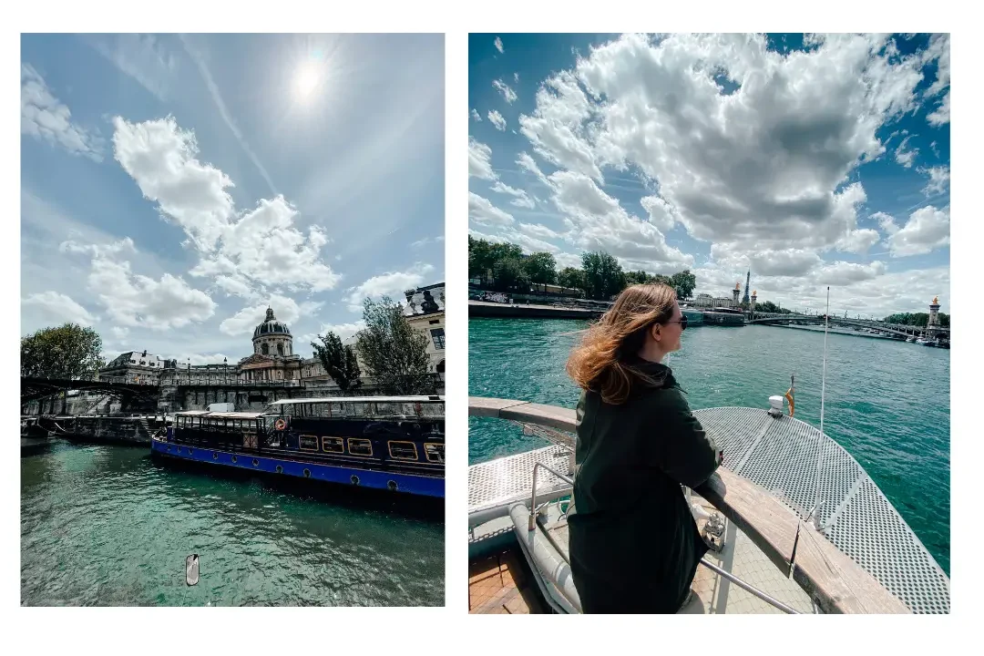 A girl stands on the edge of a boat on the Seine river in Paris overlooking the Parisian skyline