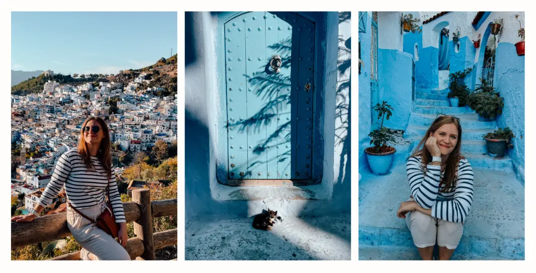 Collage of things to do in Chefchaouen: a girl sitting in a vibrant blue street, the same girl stands smiling at the sun with the blue and white town of Chefchaouen in the distance, and a cat lounging on a blue doorstep with tree shadows on the door.