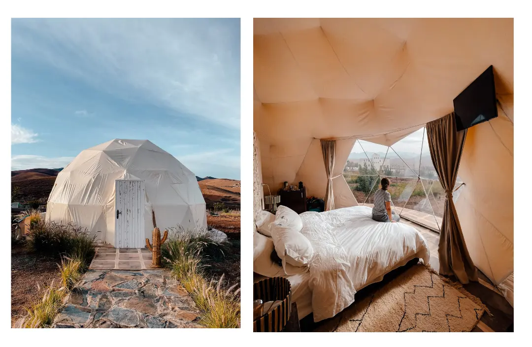 The glamping domes in the Agafay desert were our biggest splurge in our Morocco budget - in these 2 photos, a girl sits on the bed inside the dome looking out the window and the other is of the dome sitting in the Morocco countryside 