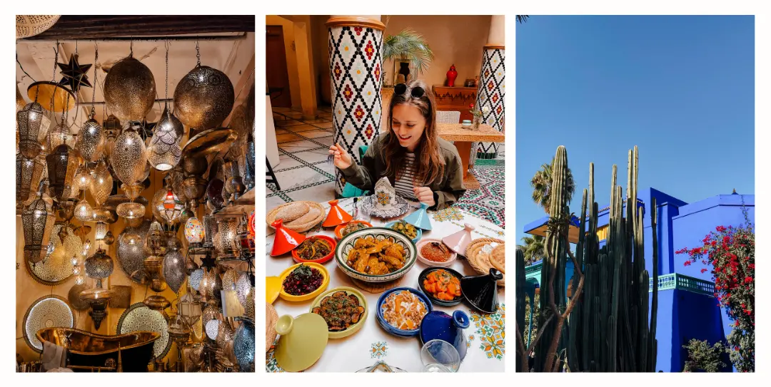 Collage showing things to do in Marrakech: exploring colorful souks, enjoying a cooking class with plates of food, and visiting the bright blue Jardin Majorelle.