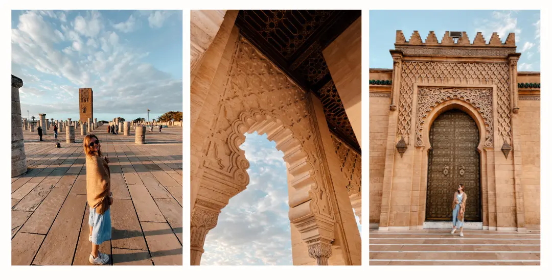 Collage of things to do in Rabat: a girl standing in front of an intricately detailed door, the beautiful unfinished Hassan Tower plaza, and a close up of the ornate architectural details.